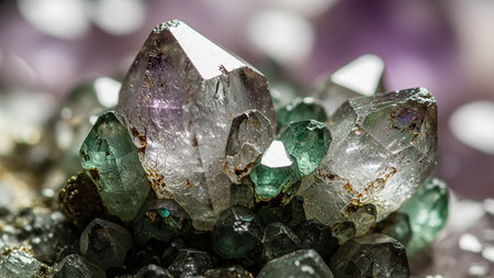 Macro view of purple amethyst and green fluorite crystals with sharp facets and sparkling light reflections.の素材