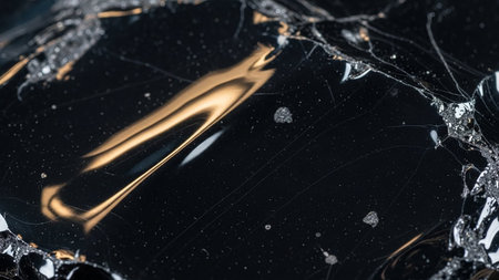 Macro view of fractured black obsidian with golden light reflections and scattered mineral inclusions.の素材