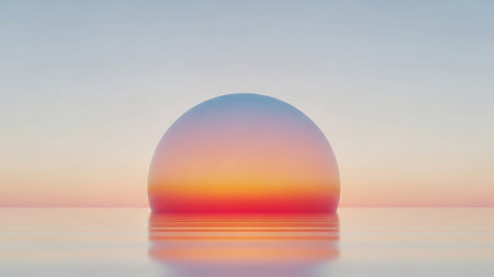 A smooth gradient sphere in pastel colors reflects on a calm water surface at sunrise.の素材
