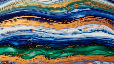 Abstract swirling marble texture with deep blues, greens, and shimmering gold accents.の素材