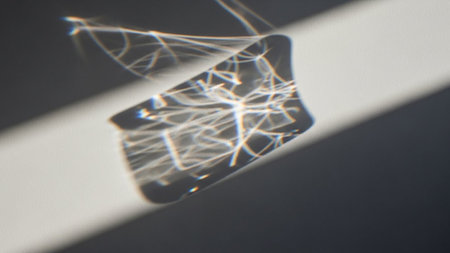 Abstract patterns of light and shadow are cast on a white surface by a glass object.の素材