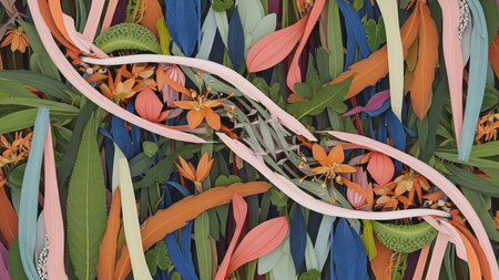 An abstract representation of a DNA strand intertwined with vibrant, colorful tropical leaves and flowers.の素材