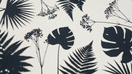 Dark shadows of various tropical leaves and ferns cast on a textured light background.の素材