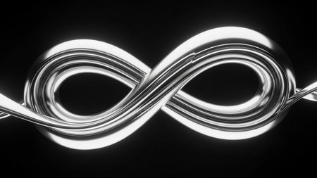 A polished metallic infinity symbol with a fluid, flowing texture against a dark background.の素材