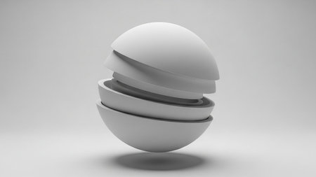 A white abstract sphere is sliced into several horizontal layers, presented on a light gray background.の素材