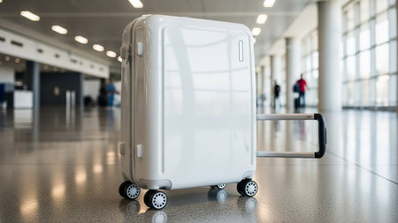 Adventure showing modern white rolling suitcase with extended handle in bright airport terminal hallway keywords: suitcase, luggage, travel, rolling...の素材