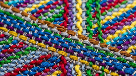 Close-up macro view of a colorful woven fabric with interlaced threads of various colors.の素材