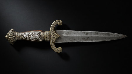 Antique showing ornate antique dagger with a detailed lion head pommel and intricate silver inlay on a dark textured background. resolution...の素材