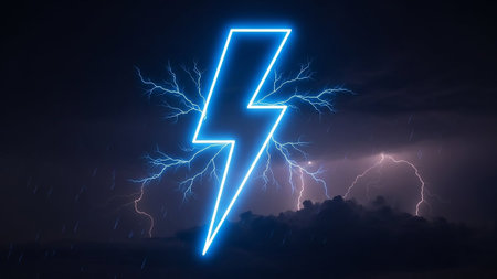 A bright blue neon lightning bolt symbol superimposed over a dark, stormy sky with real lightning strikes.の素材