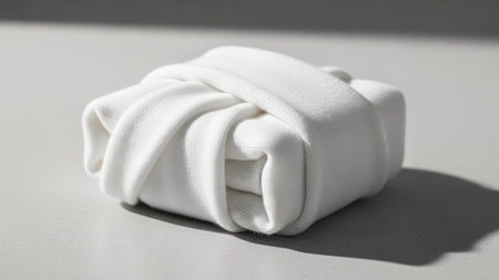 Light showing neatly folded white fabric wrapped in a band on a light gray surface. resolution use.の素材