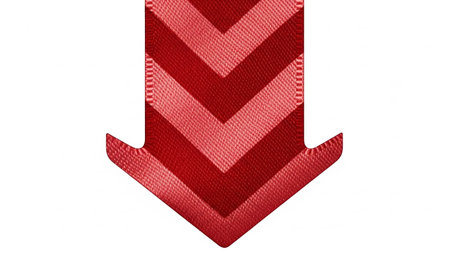 Ribbon showing red chevron arrow made of layered ribbon pointing down on white background. resolution use.の素材