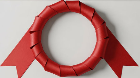 Ribbon showing red ribbon wreath with two tail ends on white background. resolution use.の素材