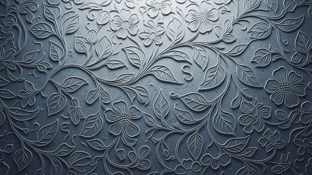 An embossed floral pattern with a dark gray metallic texture and a subtle shadow effect creating depth.の素材