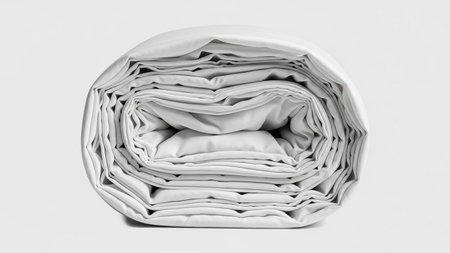 White bed sheets or a duvet cover are tightly rolled into a circular shape, revealing layers of fabric and folds against a plain gray background.の素材
