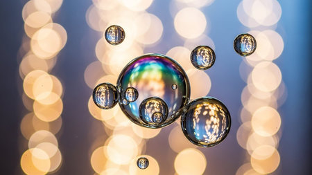 Macro shot of colorful iridescent bubbles floating with soft bokeh lights in the background.の素材
