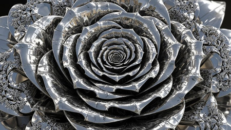 A detailed close-up of a metallic rose with intricate petal layers and fractal elements.の素材