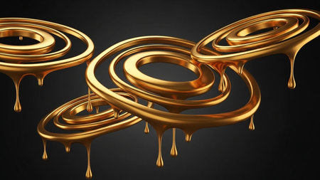 Molten gold swirls with liquid dripping down against a dark gradient background. Clear details and vibrant col...の素材