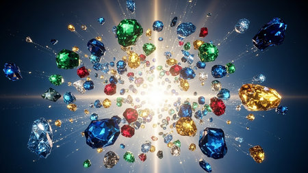 A vibrant explosion of colorful gemstones and diamonds scattered against a dark background.の素材