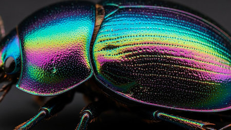 Extreme close up macro of a metallic iridescent beetle showing intricate textures and rainbow colors.の素材