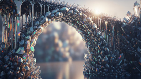 Fantastical crystal archway with shimmering light and a blurred background of a fantasy landscape.の素材