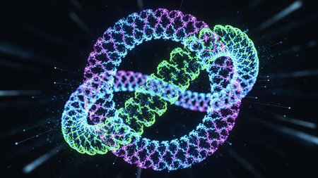 A glowing, neon-colored double helix DNA structure composed of intricate particles on a dark background with...の素材