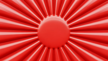 A vibrant red sunburst pattern with a central sphere and radial streaks of light emanates from a dark background, creating a dynamic visual effect.の素材