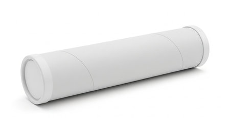A plain white cylindrical tube with smooth, rounded end caps is positioned diagonally on a white background.の素材