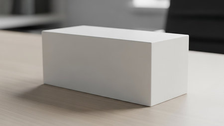 A simple white rectangular block sits centered on a light-colored wooden table surface, illuminated by soft light.の素材