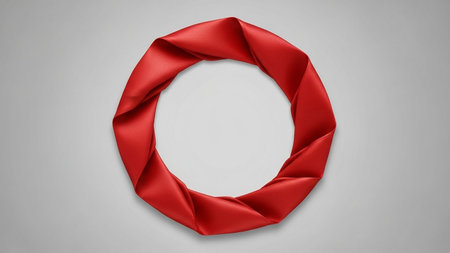 Circular showing red satin ribbon twisted into a circular shape on a gray gradient background. resolution use.の素材