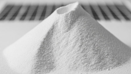 White showing close-up black and white of a pile of fine white powder forming a conical shape with a blurred grid pattern behind. resolution...の素材