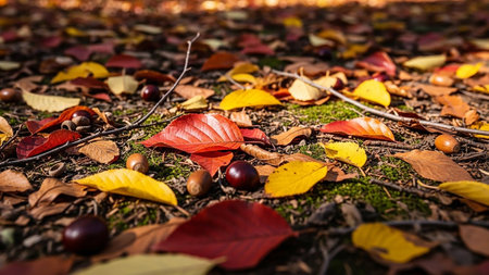 A detailed close-up of the forest floor covered in a vibrant carpet of fallen red, yellow, and brown autumn leaves mixed with acorns and moss.の素材