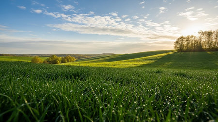 Close-up of green grass covered in dew drops, glistening in the morning sunlight. Rolling green hills and a distant treeline are visible under a...の素材