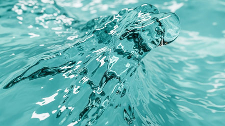 A close-up view of a dynamic turquoise water wave cresting and splashing, with light reflecting off its glistening surface.の素材