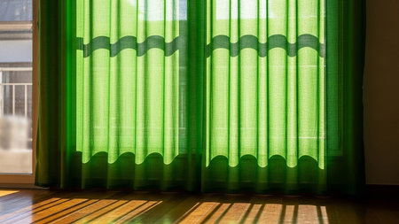 Sunlight streams through sheer bright green curtains, casting long, wavy shadows onto a polished wooden floor, creating a play of light and shadow...の素材