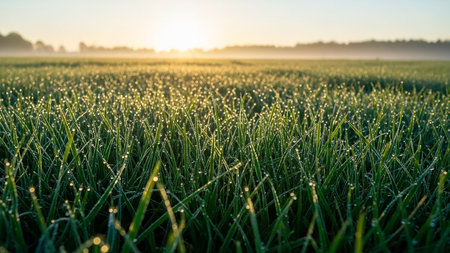 Drops showing dew drops on green grass blades in a field at sunrise with golden sunlight. resolution use.の素材