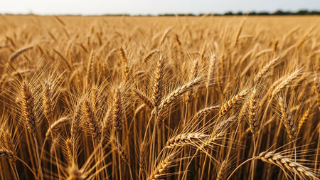 Golden showing close-up of golden wheat stalks in a field under a bright sky. resolution use.の素材