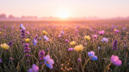 Sunrise showing dew covered wildflower meadow at sunrise with soft golden light and purple yellow blue blooms. resolutionの素材