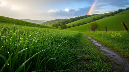 Grass showing dew-kissed green grass field with a muddy path and distant rainbow after a spring shower. resolutionの素材