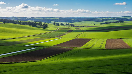 Land showing expansive rolling green agricultural fields with contrasting dark soil patches under a bright blue sky keywords: agriculture, fields,...の素材