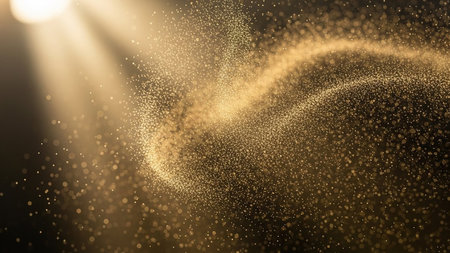 Golden glittering particles swirl in a dramatic spotlight beam creating a magical, festive atmosphere.の素材