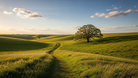 Path showing green rolling hills with a winding dirt path and a large oak tree. resolution use.の素材