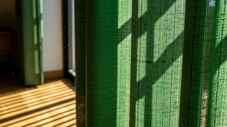 Green fabric vertical blinds illuminated by sunlight, casting distinct striped shadows onto a wooden floor.の素材