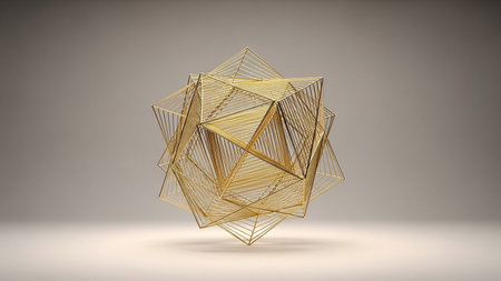 A complex golden geometric wireframe sculpture with sharp angles and clean lines against a soft gradient.の素材
