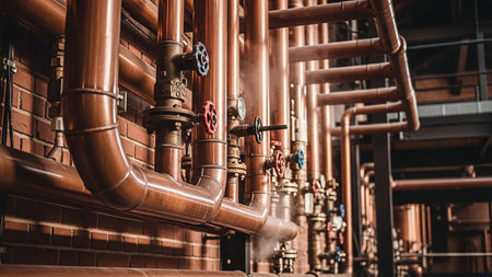 Pipes showing industrial copper pipes and valves with steam emitting in a factory setting. resolution use.の素材