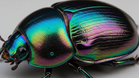 Macro photograph of an iridescent beetle displaying a vibrant rainbow metallic sheen on a white background.の素材