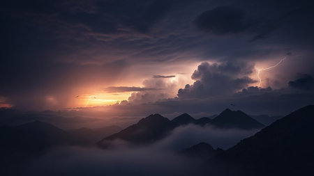 Weather showing dramatic mountain landscape at sunset with lightning strikes and foggy valleys keywords: mountains, landscape, sunset, lightning,...の素材