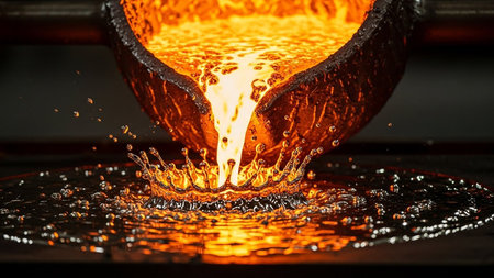 Molten metal pours from a crucible creating a dynamic splash and crown effect in the liquid below.の素材