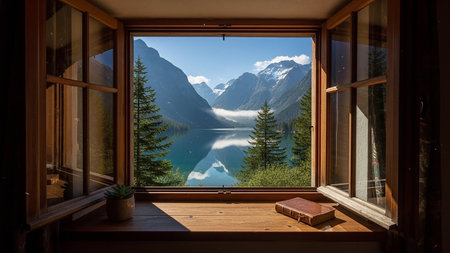 An open wooden window frames a view of a serene mountain lake reflecting the sky, with snow-capped peaks and pine trees visible.の素材
