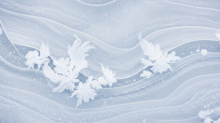 Intricate white ice crystals resembling delicate flowers are scattered across a pale blue frozen surface with subtle, wavy ice lines.の素材