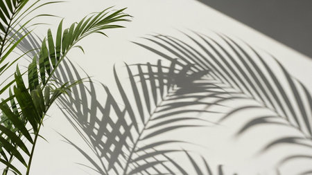 Illuminated showing green palm fronds casting sharp, intricate shadows on a plain white wall in bright sunlight keywords: palm, fronds, leaves,...の素材